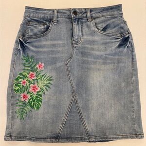 Vintage Earl Jeans Blue Denim Skirt with Pink Floral Embroidery